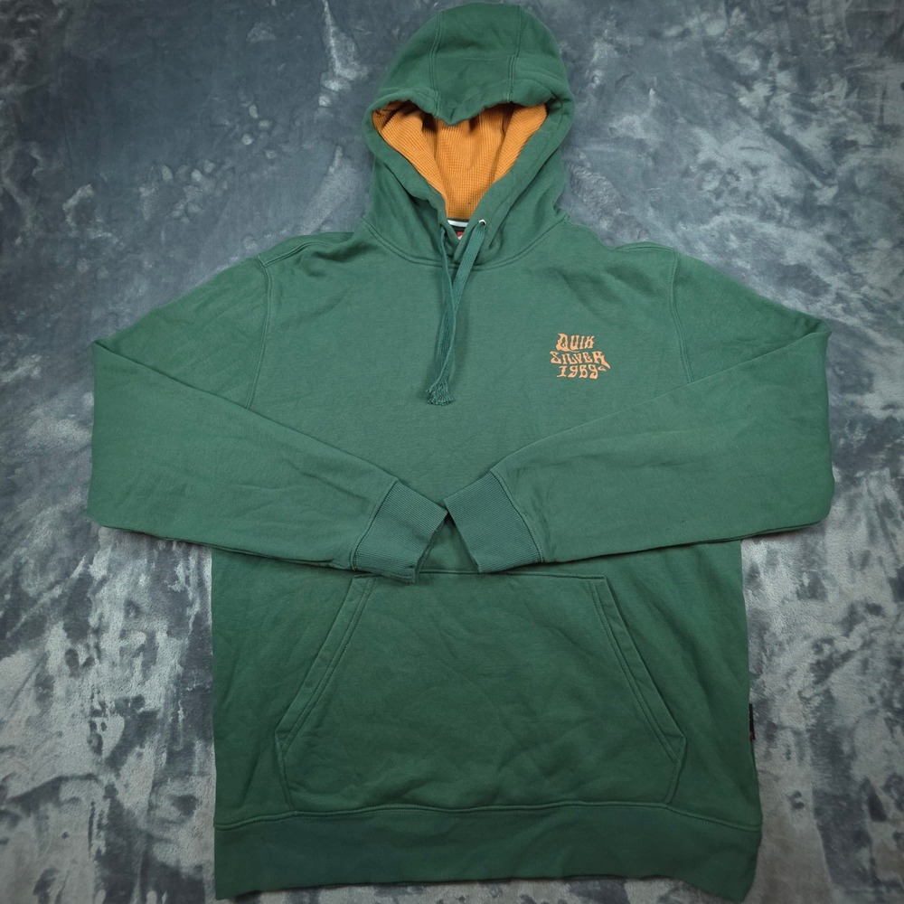 Quiksilver Mens Green Pullover Hoodie Orange Lining Surf Graphic Size M
